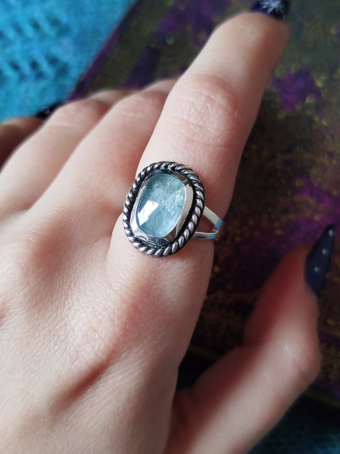 Boho Silver Ring with Kyanite Gemstone in Aquamarine Handmade Jewelry for Women Minimalist Design