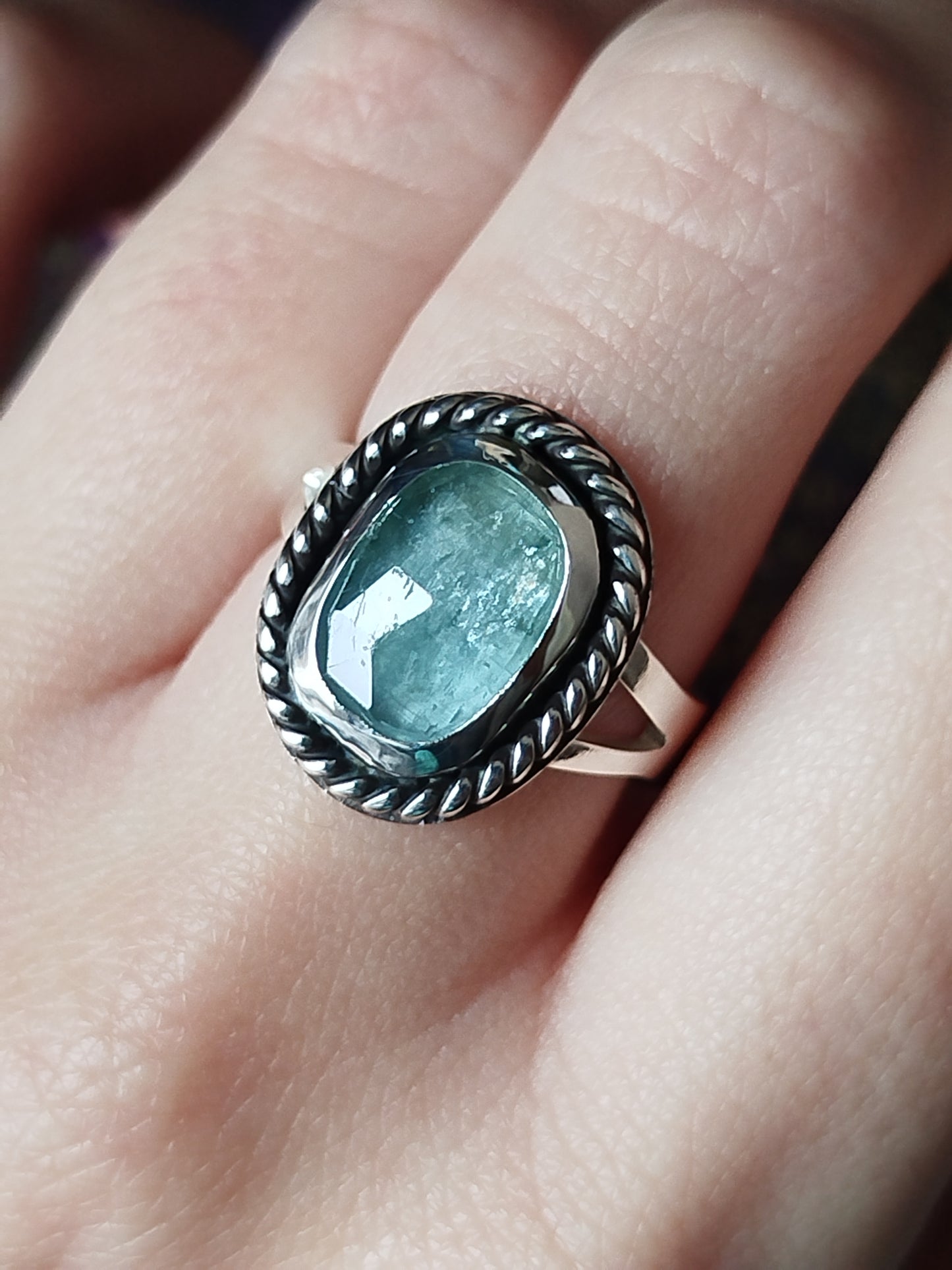 Boho Silver Ring with Kyanite Gemstone in Aquamarine Handmade Jewelry for Women Minimalist Design