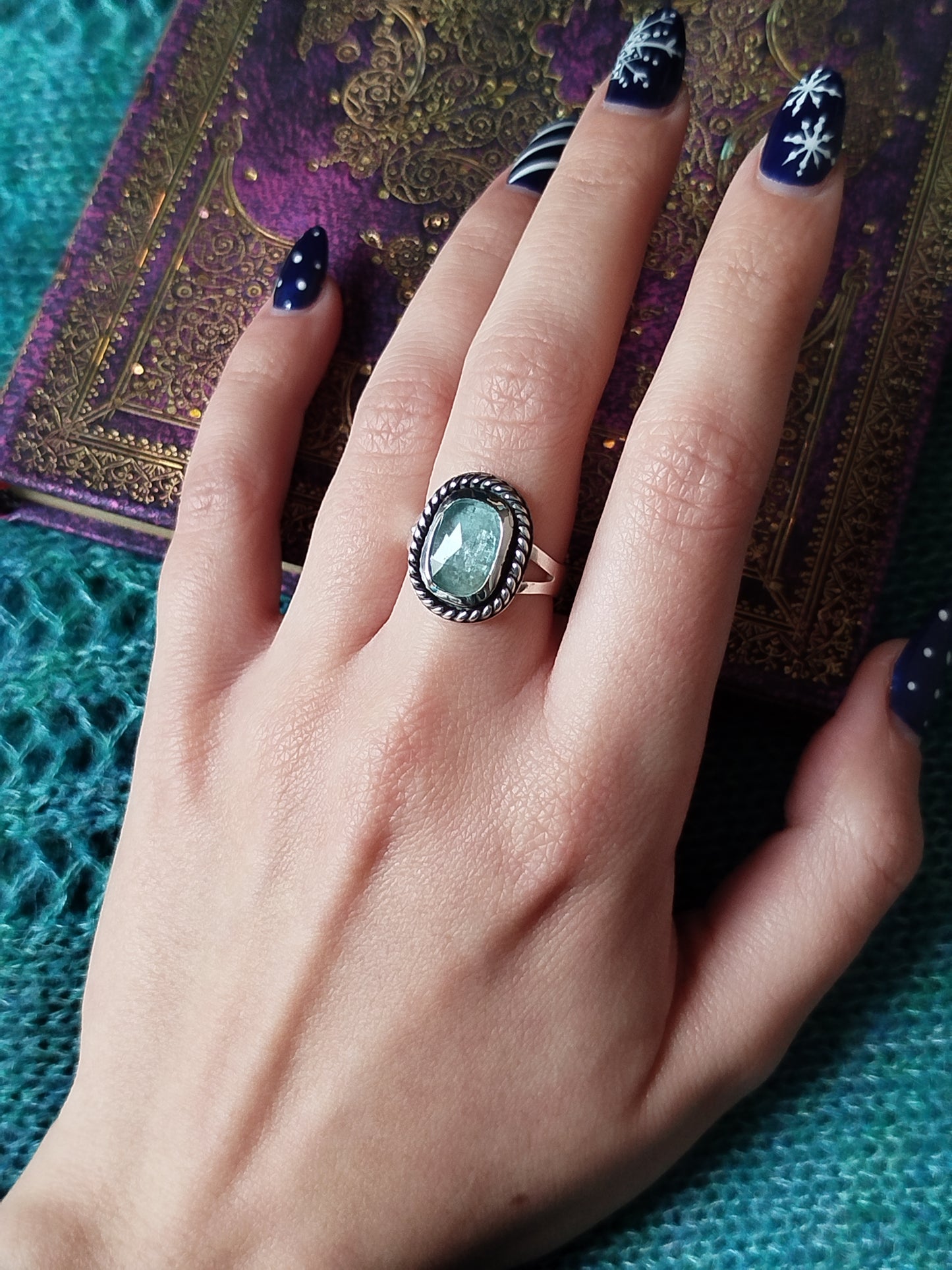 Boho Silver Ring with Kyanite Gemstone in Aquamarine Handmade Jewelry for Women Minimalist Design