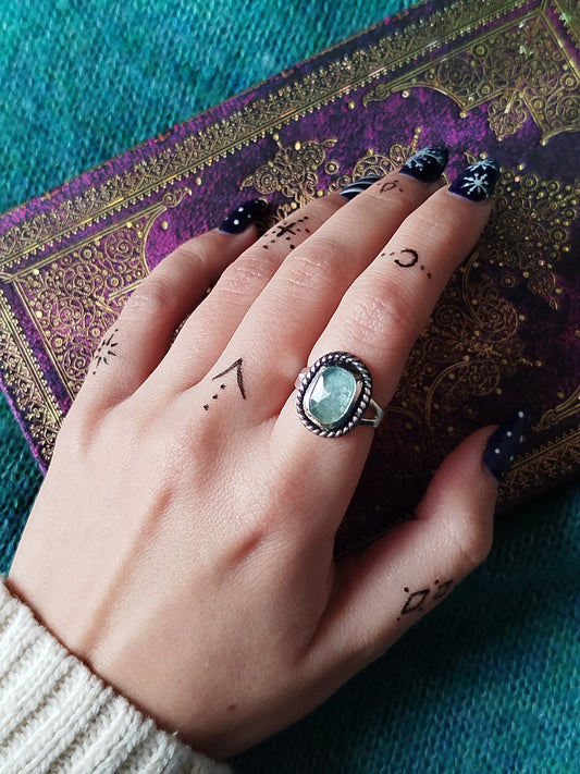 Boho Silver Ring with Kyanite Gemstone in Aquamarine Handmade Jewelry for Women Minimalist Design