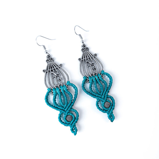 Petrol Macrame Bird in Cage Earrings