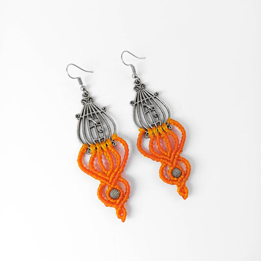 Orange Macrame Bird in Cage Earrings