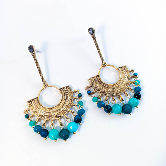 Ethnic Brass Earrings with Petrol Gemstone Beads