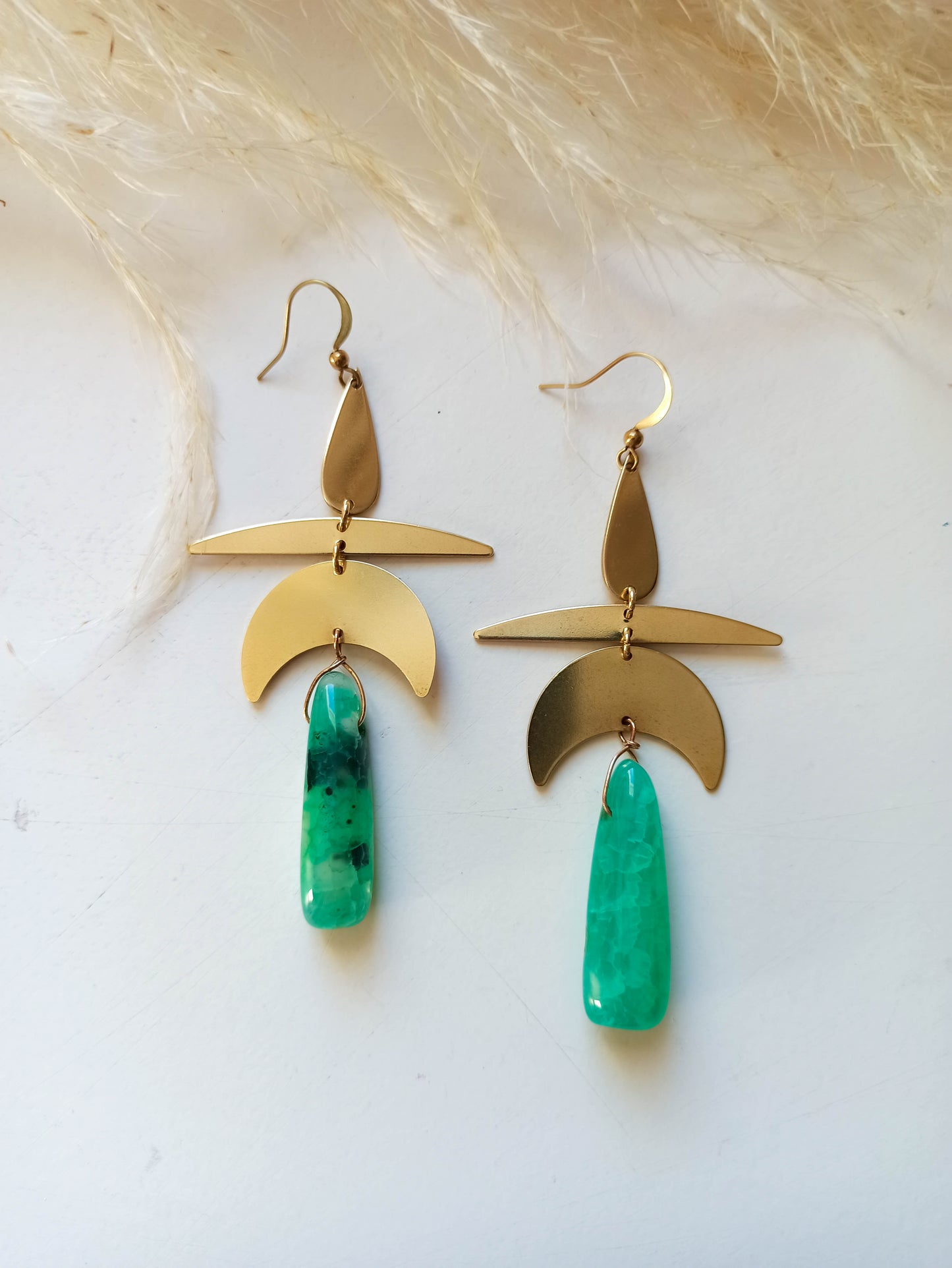 Green Agate Brass Geometric Earrings