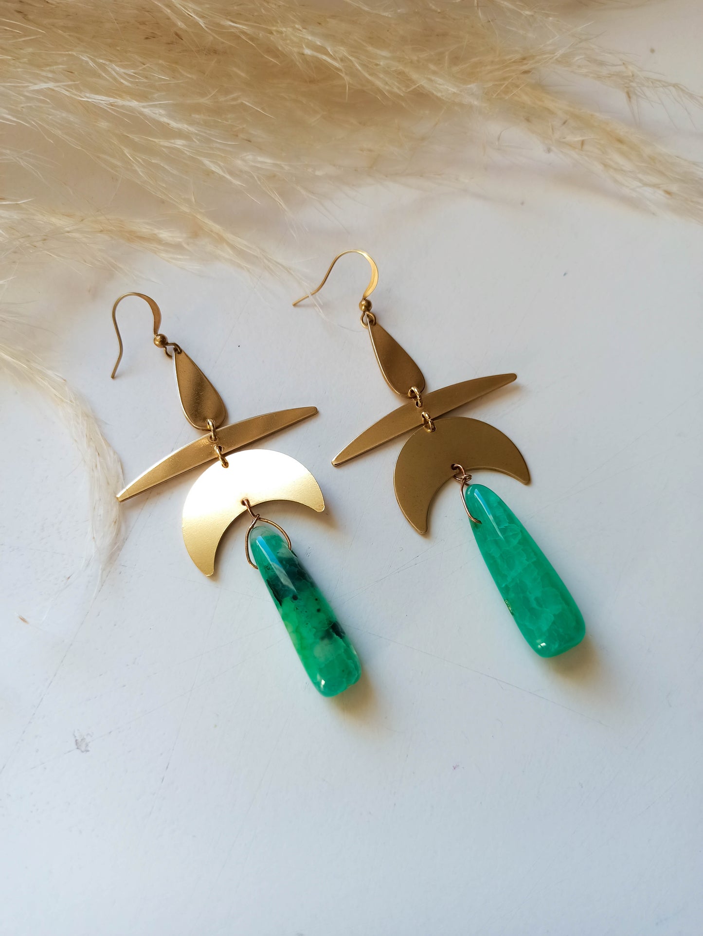 Green Agate Brass Geometric Earrings