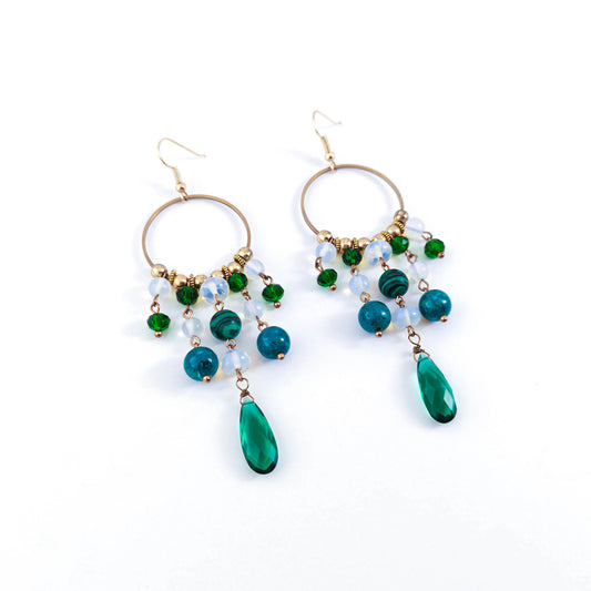 Green Gemstone Chandelier Brass Earrings