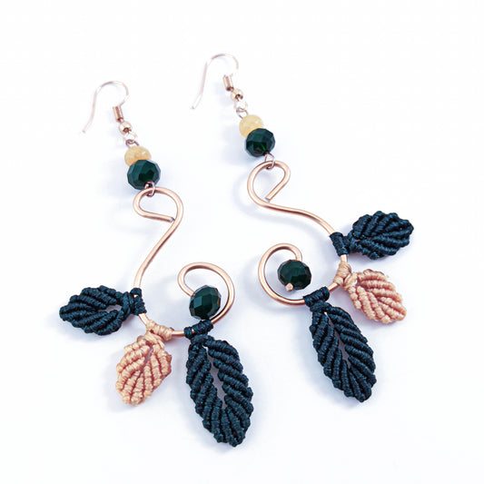 Long Rose Gold Earrings with Dark Green Macrame Leaves