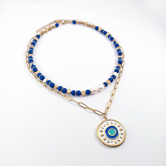 Double Necklace with Natural Gemstones in Blue Electric Color