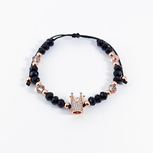 Bracelet Couronne avec Perles Noires et Or Rose