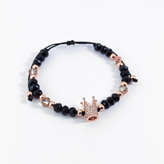 Bracelet Couronne avec Perles Noires et Or Rose