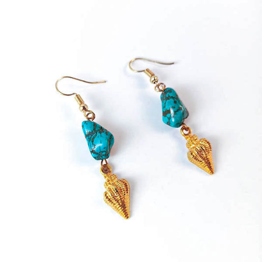 Boho Small Earrings with Turquoise Beads and Gold Plated Seashells