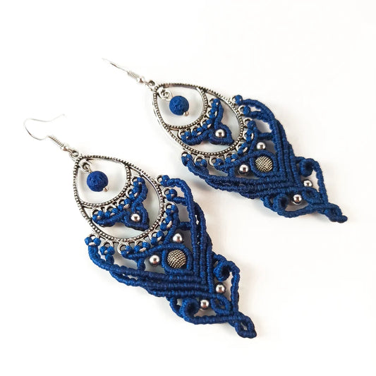 Boho Macrame Earrings – Handmade Blue Statement Dangle Earrings