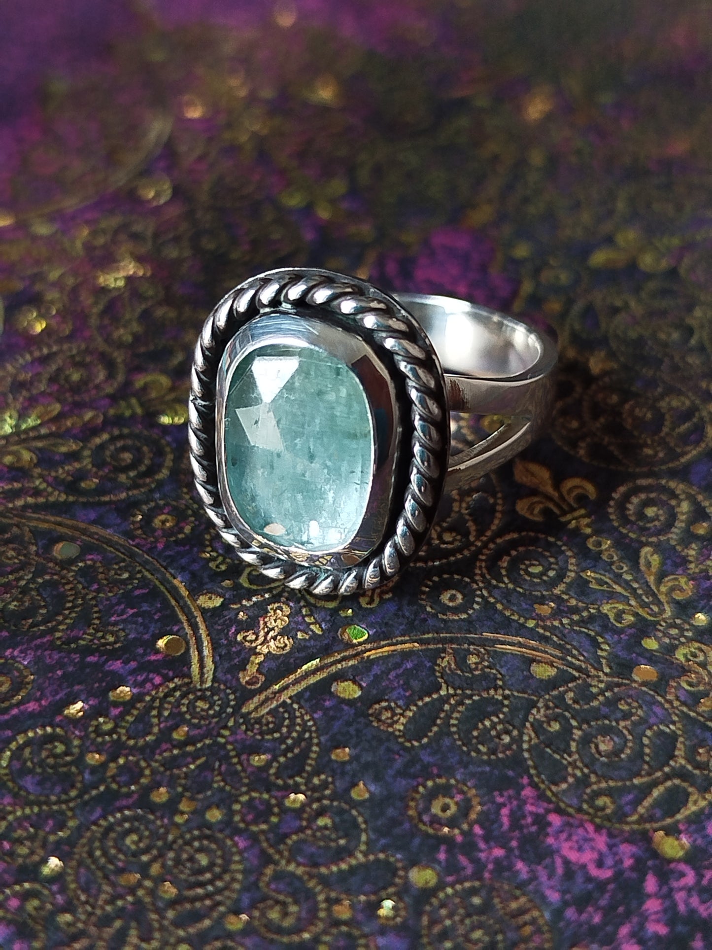 Boho Silver Ring with Kyanite Gemstone in Aquamarine Handmade Jewelry for Women Minimalist Design