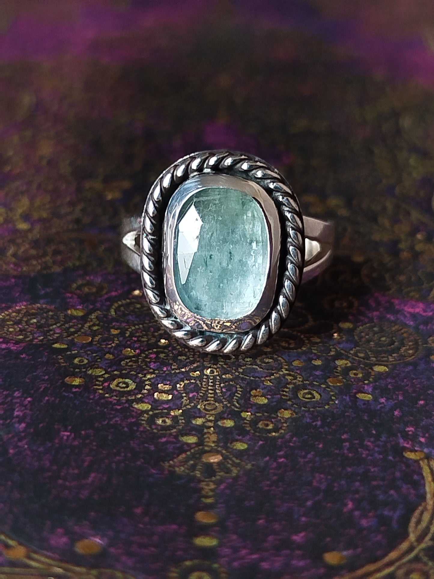 Boho Silver Ring with Kyanite Gemstone in Aquamarine Handmade Jewelry for Women Minimalist Design