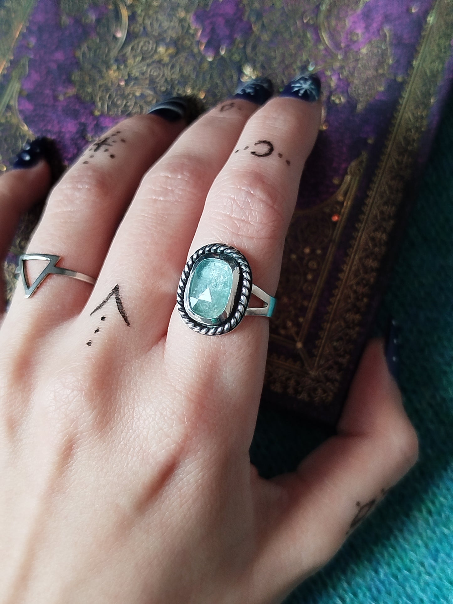 Boho Silver Ring with Kyanite Gemstone in Aquamarine Handmade Jewelry for Women Minimalist Design