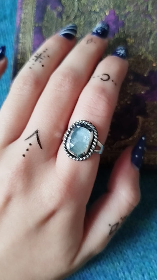 Boho Silver Ring with Kyanite Gemstone in Aquamarine Handmade Jewelry for Women Minimalist Design