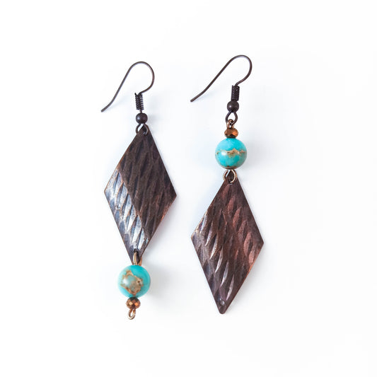 Hammered Copper Earrings with Turquoise Beads