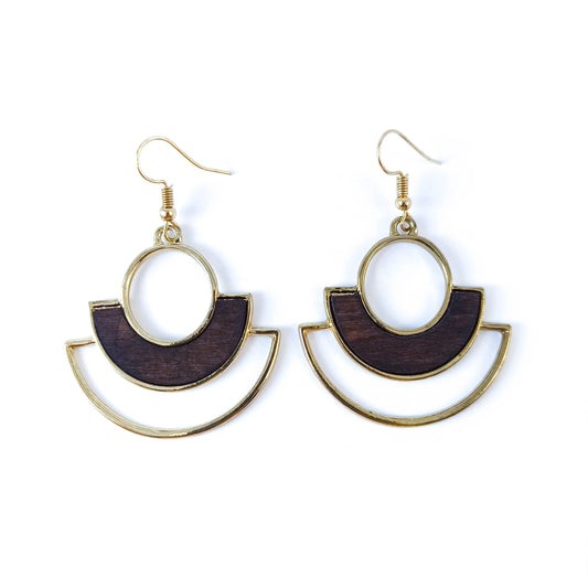 Geometric Brass Earrings with Wood