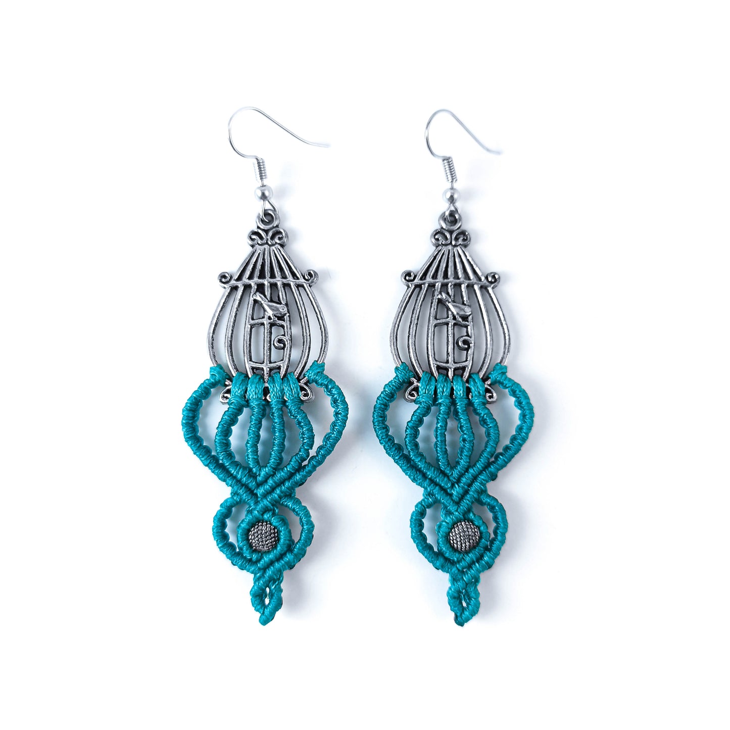 Petrol Macrame Bird in Cage Earrings