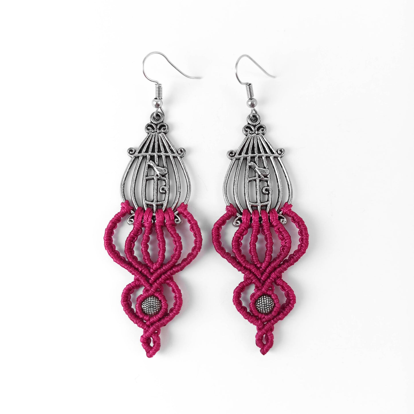 Burgundy Macrame Bird in Cage Earrings