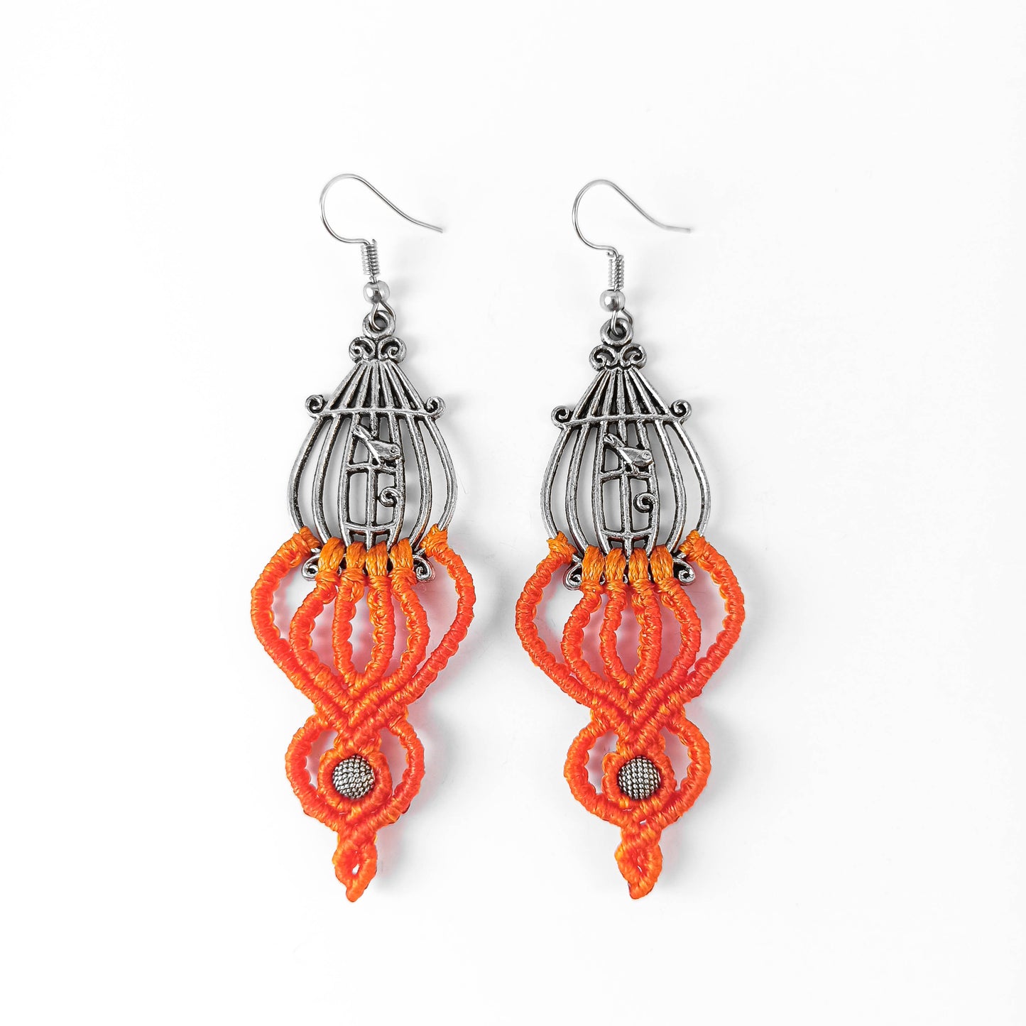 Orange Macrame Bird in Cage Earrings