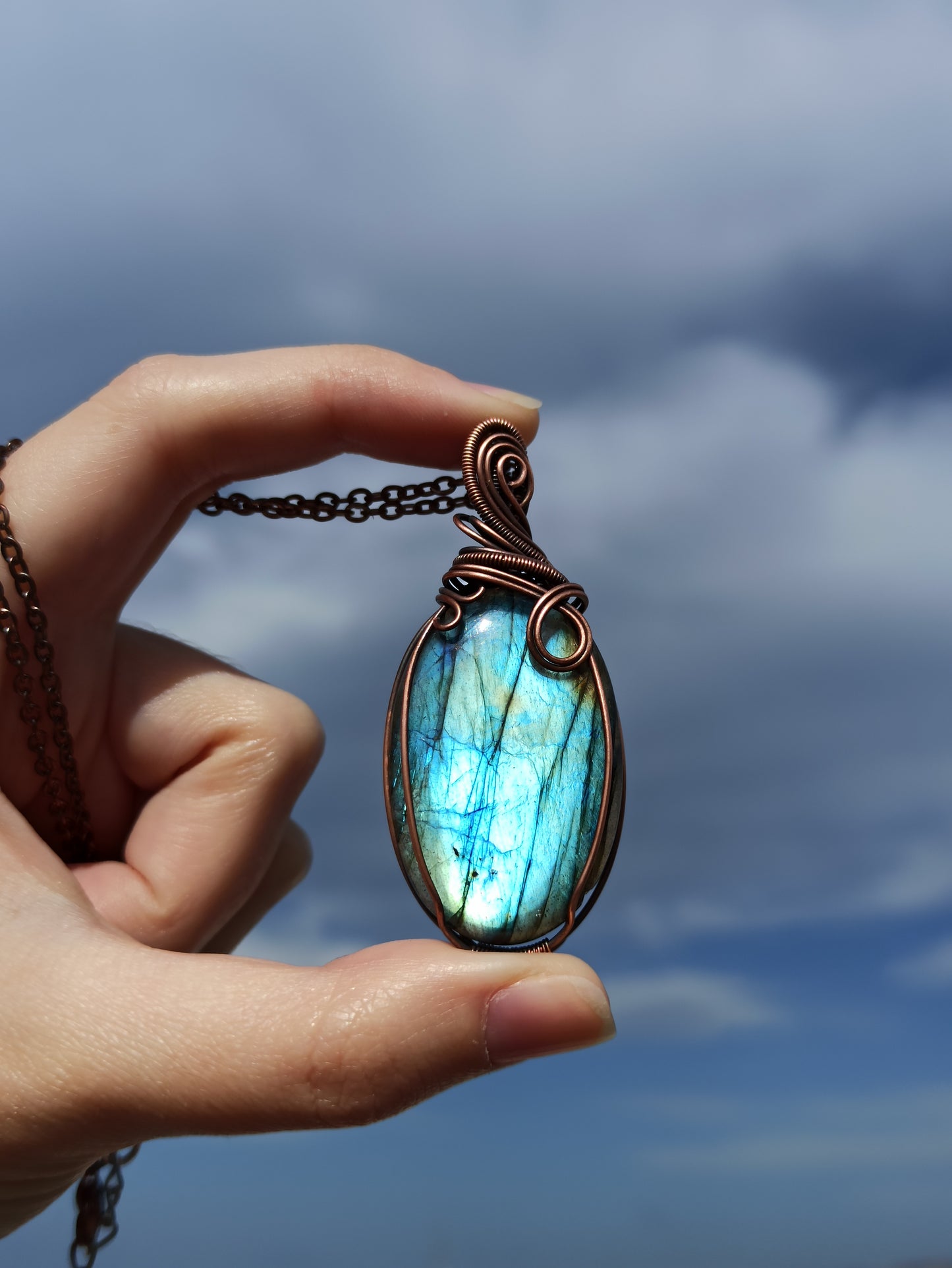 Green Labradorite Copper Wire Wrapped Pendant