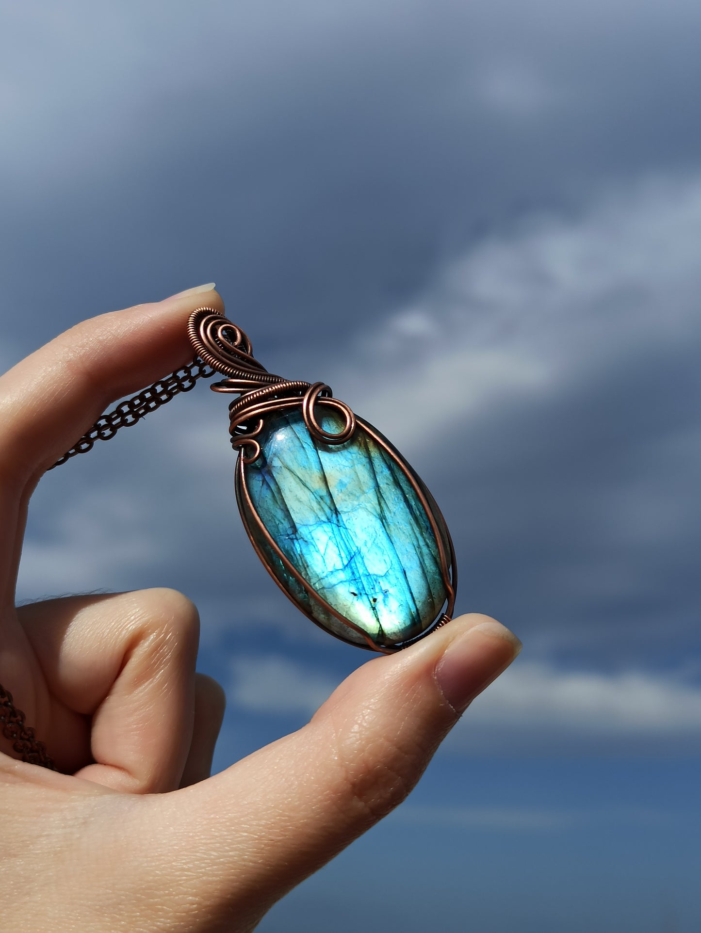 Green Labradorite Copper Wire Wrapped Pendant