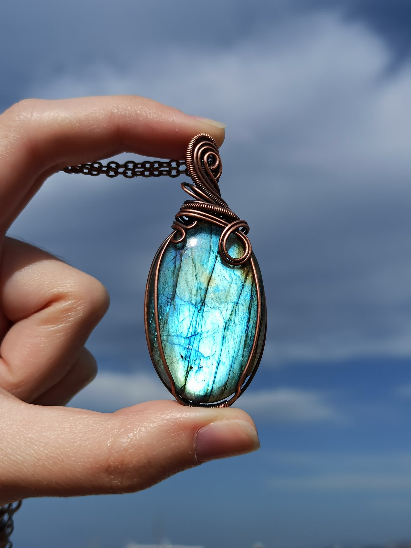 Green Labradorite Copper Wire Wrapped Pendant