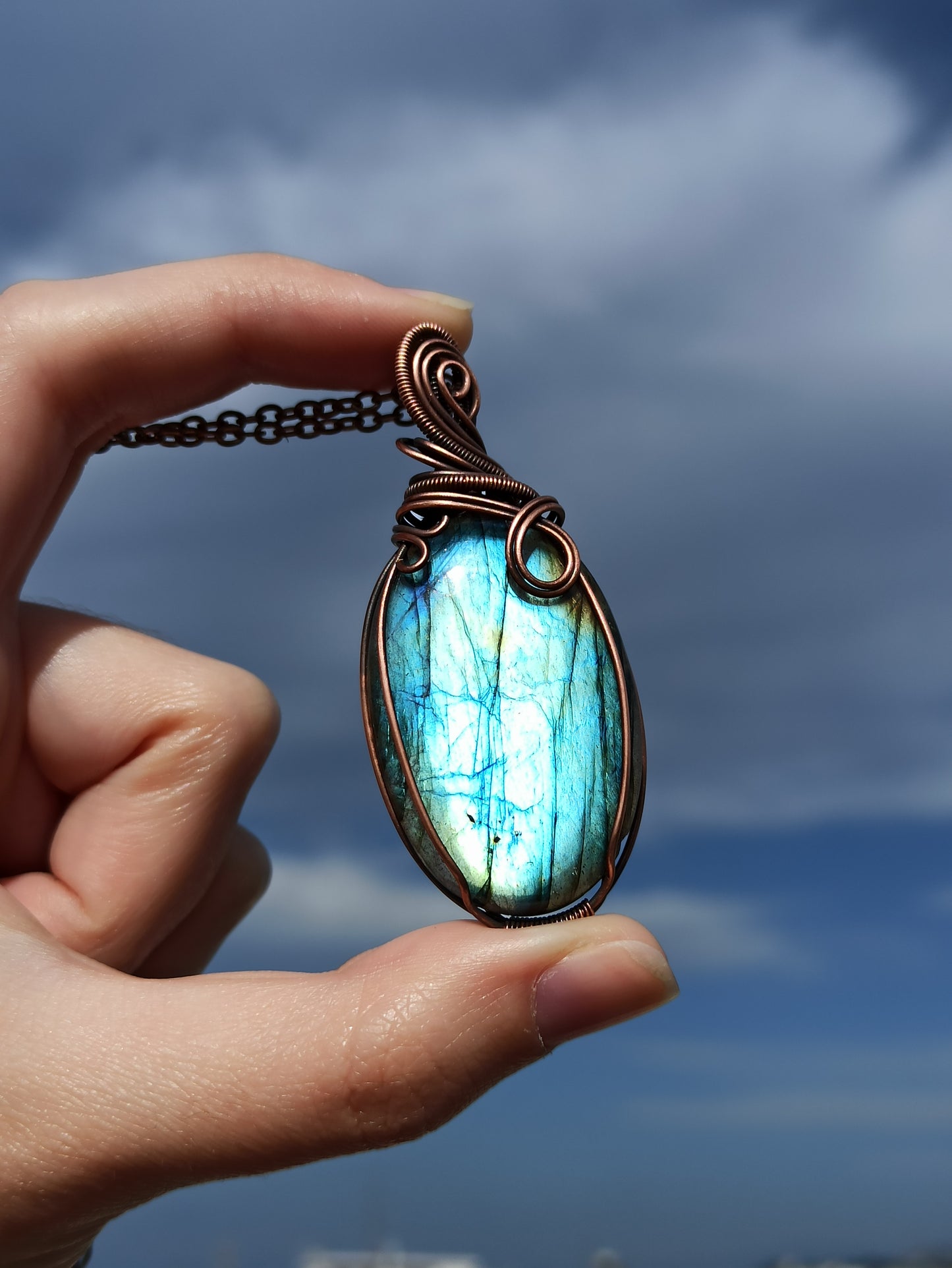 Green Labradorite Copper Wire Wrapped Pendant