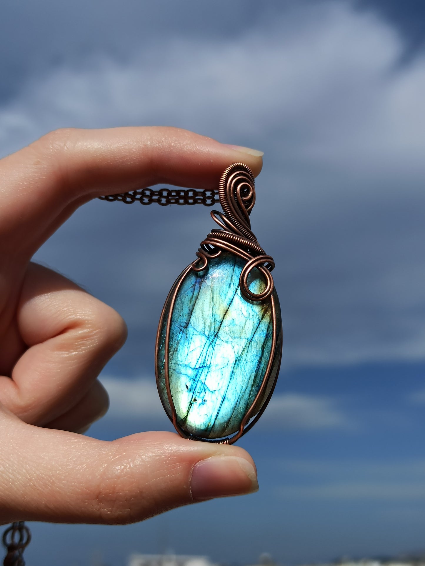 Green Labradorite Copper Wire Wrapped Pendant