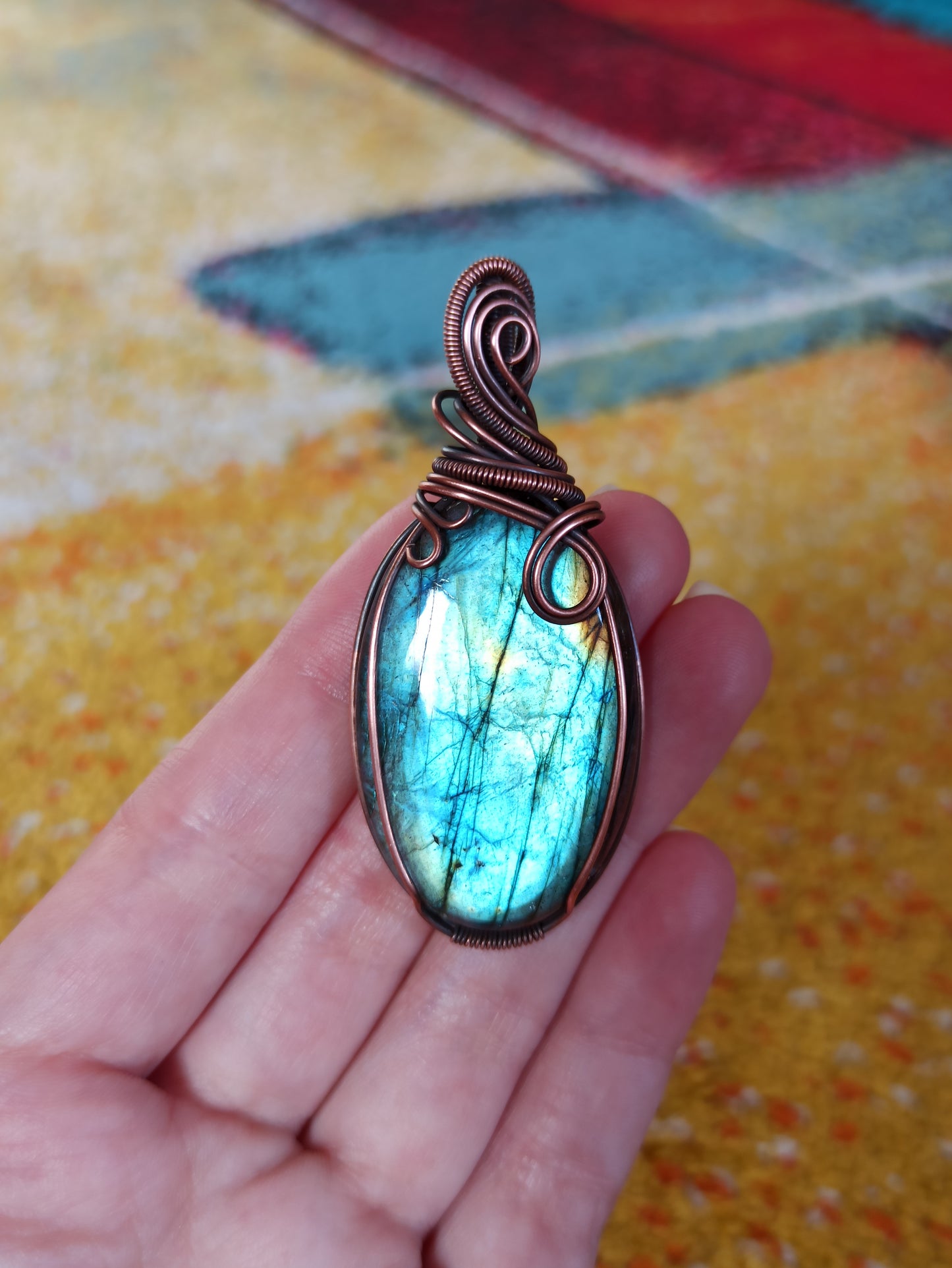 Green Labradorite Copper Wire Wrapped Pendant