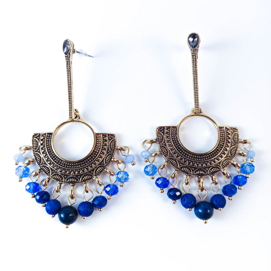 Ethnic Brass Earrings with Blue Gemstone Beads