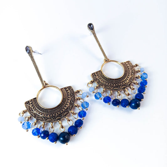 Ethnic Brass Earrings with Blue Gemstone Beads