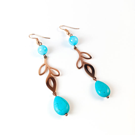 Turquoise Rose Gold Leaf Earrings