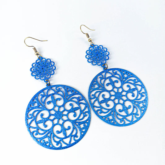 Blue Filigree Glitter Earrings