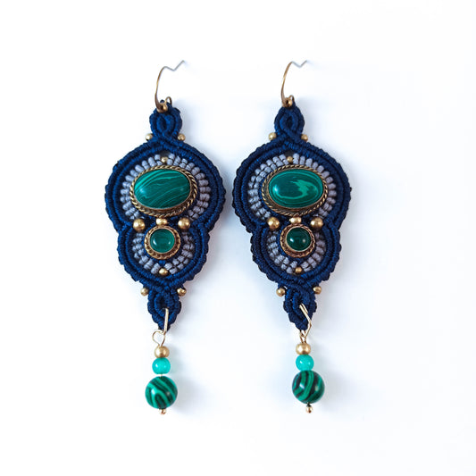 Boucles d'Oreilles Macramé Malachite Vert