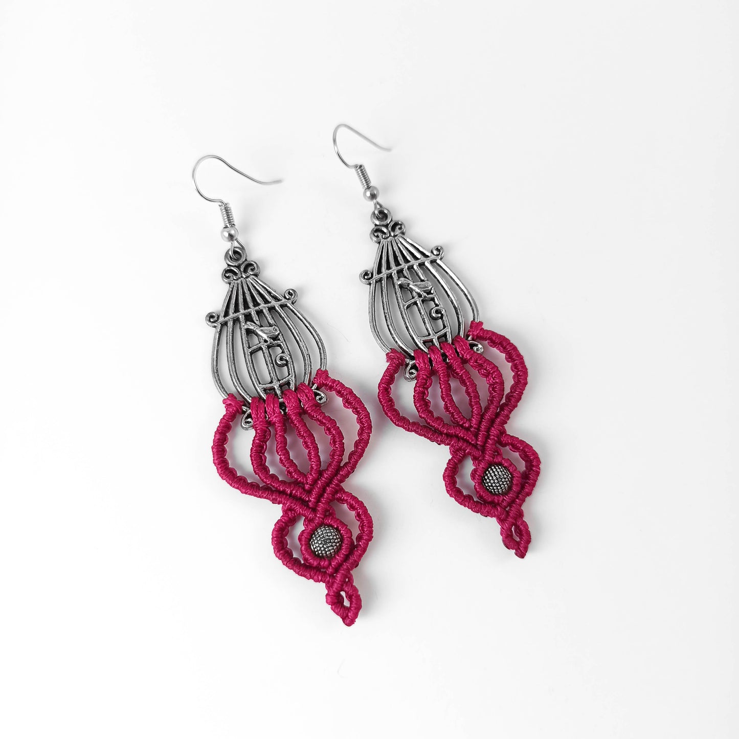 Burgundy Macrame Bird in Cage Earrings