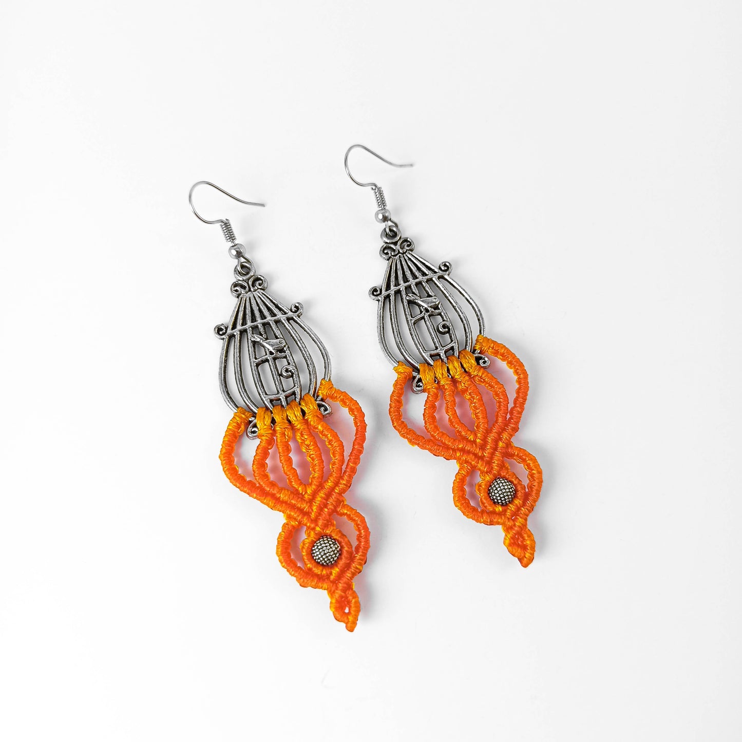 Orange Macrame Bird in Cage Earrings