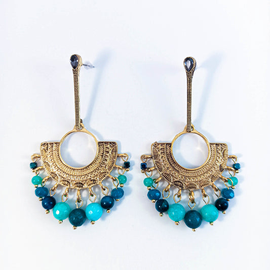 Ethnic Brass Earrings with Petrol Gemstone Beads