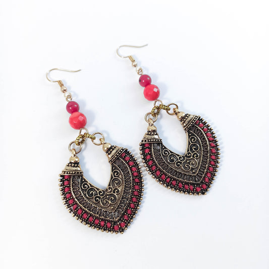 Ethnic Brass Earrings with Coral Beads