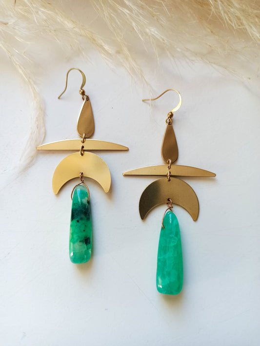 Green Agate Brass Geometric Earrings