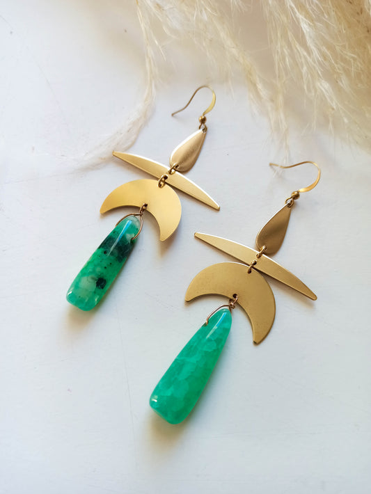 Green Agate Brass Geometric Earrings