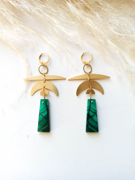 Malachite Brass Geometric Earrings