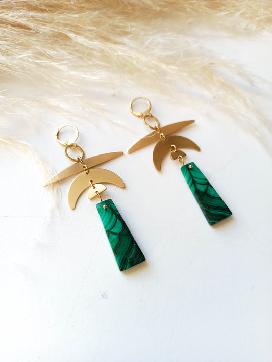 Malachite Brass Geometric Earrings