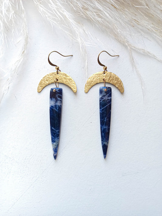 Sodalite Hammered Brass Moon Earrings