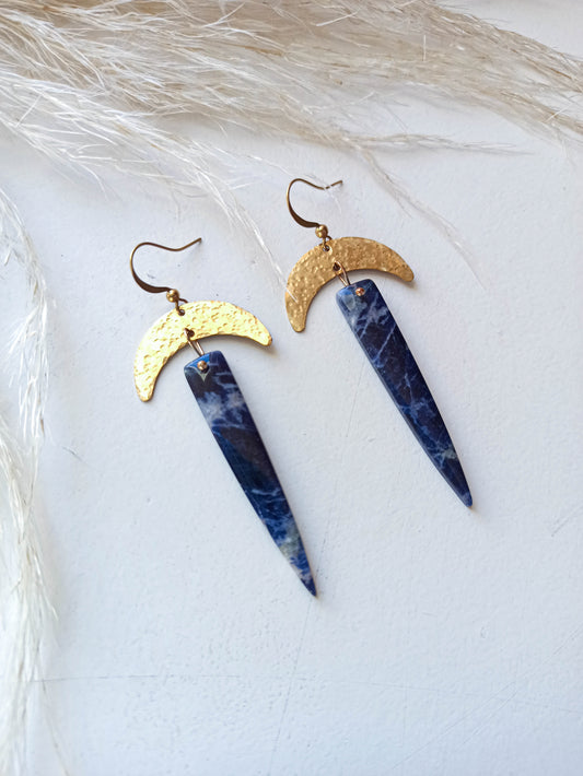 Sodalite Hammered Brass Moon Earrings