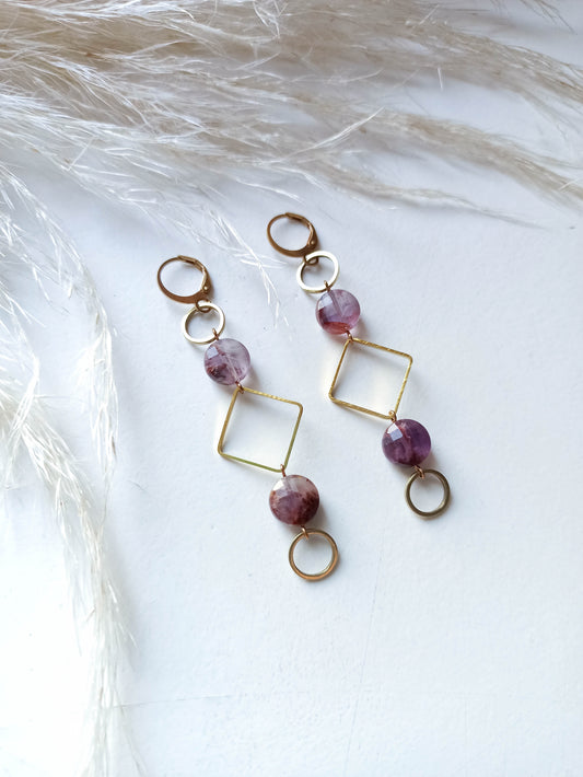 Amethyst Geometric Brass Earrings