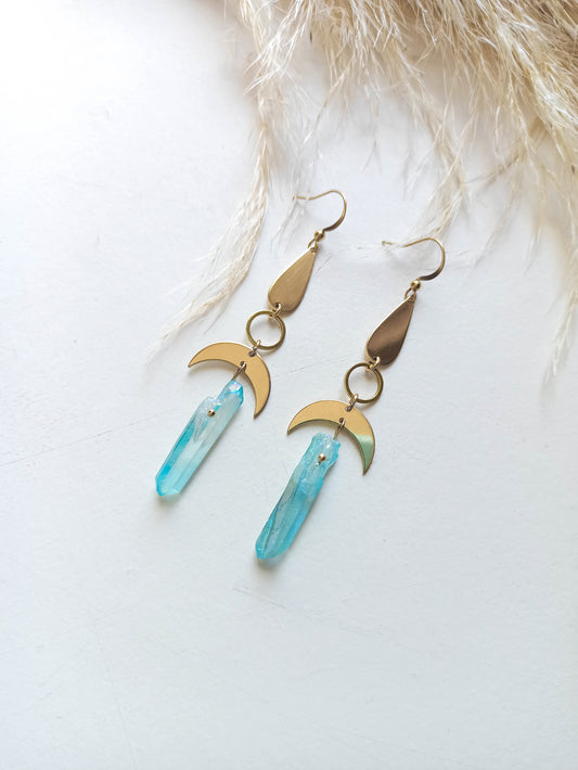 Blue Aura Quartz Moon Earrings