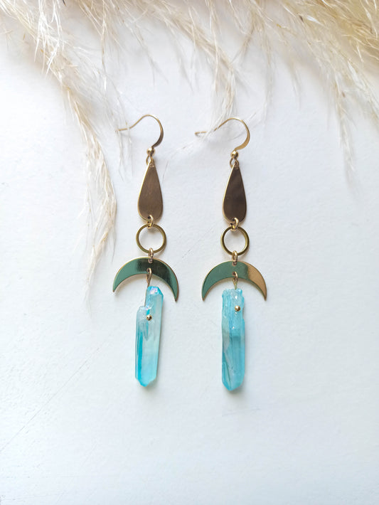 Blue Aura Quartz Moon Earrings