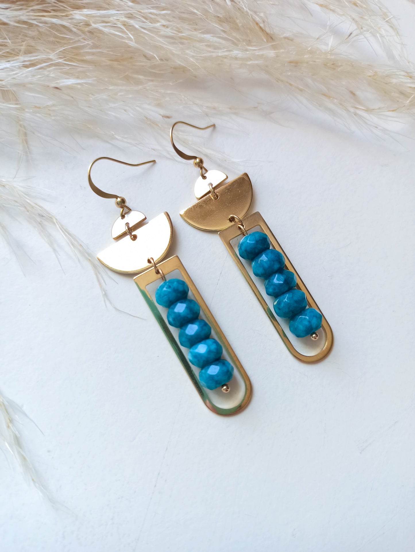 Boucles d'Oreilles Laiton Néphrite Bleu